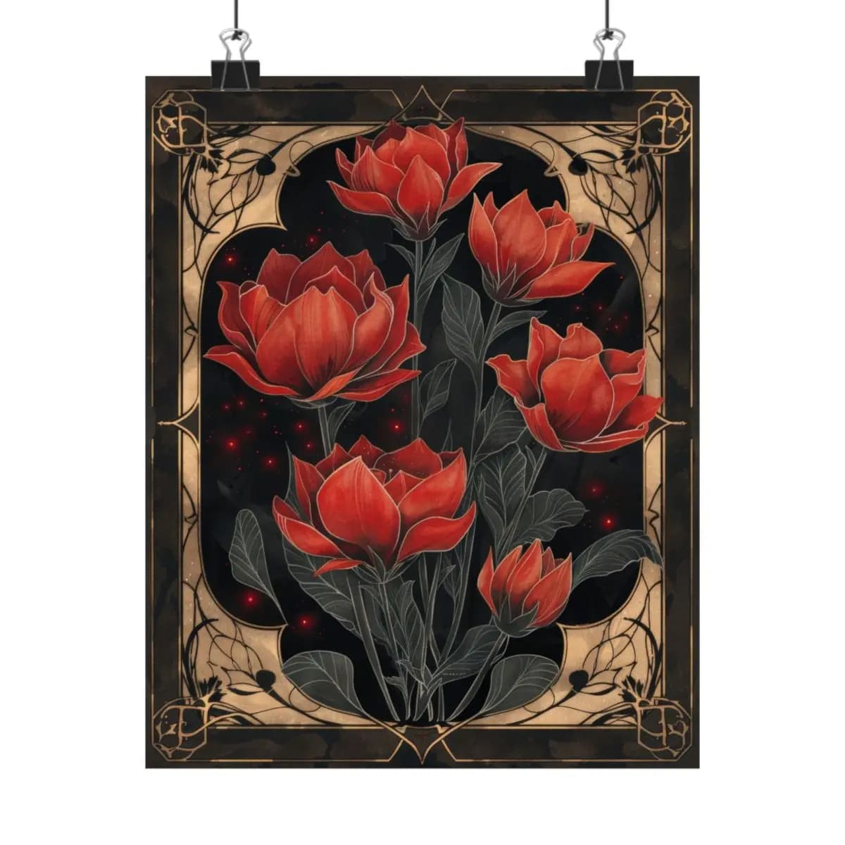 Scarlet Tulips Blooming Against the Night - Matte Vertical Posters mockup angle 1