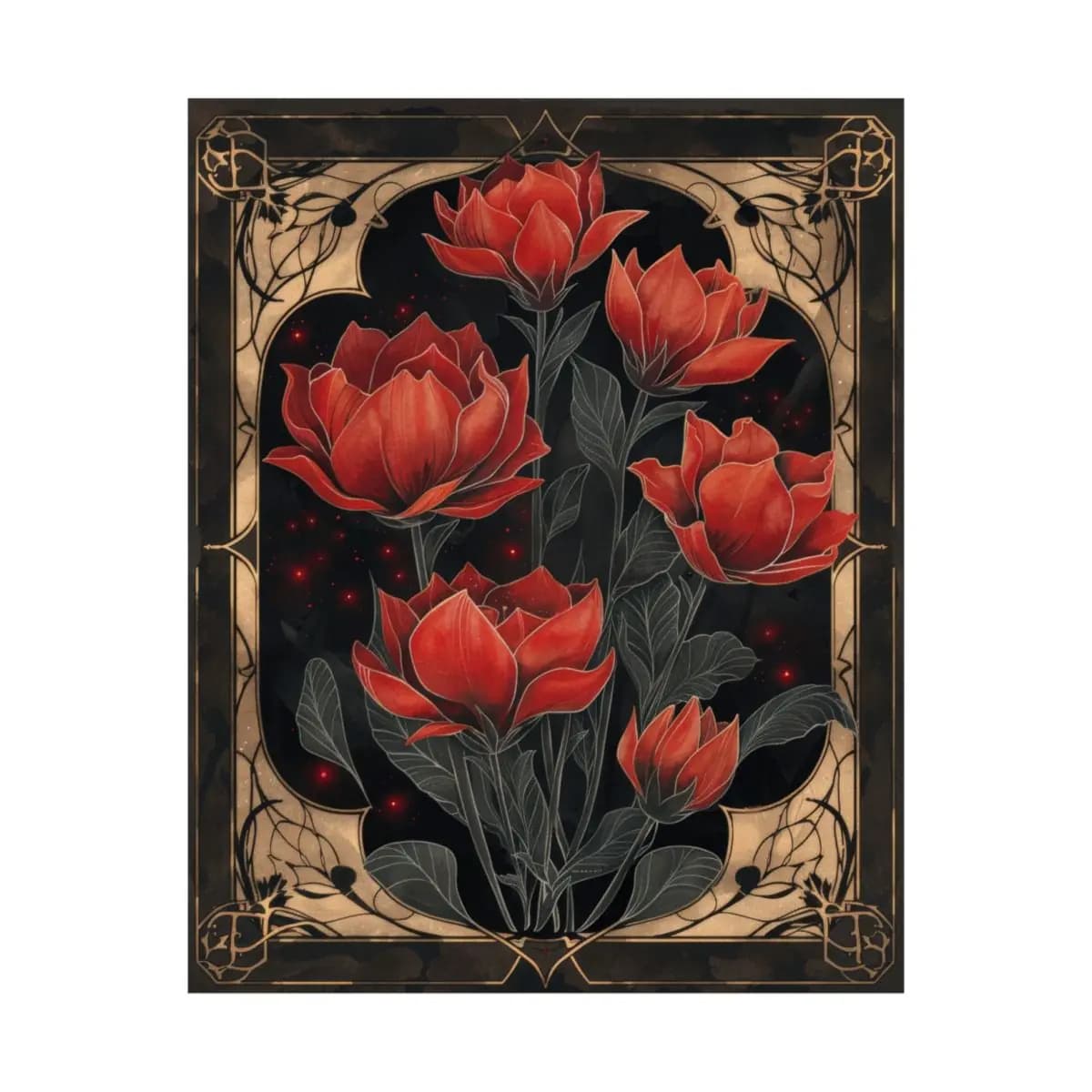 Scarlet Tulips Blooming Against the Night - Matte Vertical Posters mockup angle 2