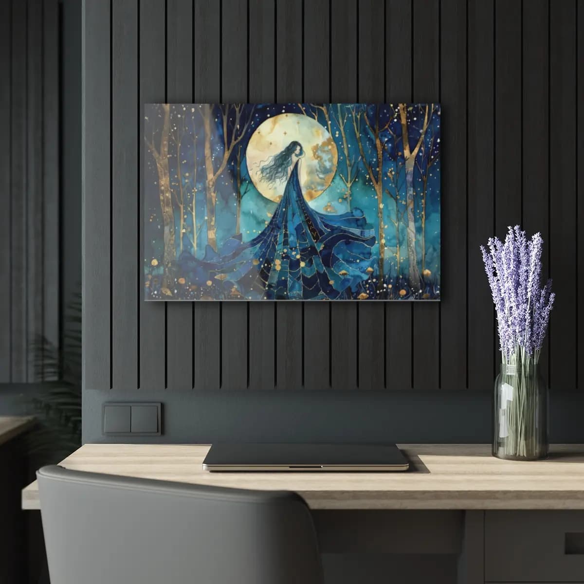 Moon Lady of the Enchanted Winter Forest - Acrylic Prints (French Cleat Hanging) mockup angle 5