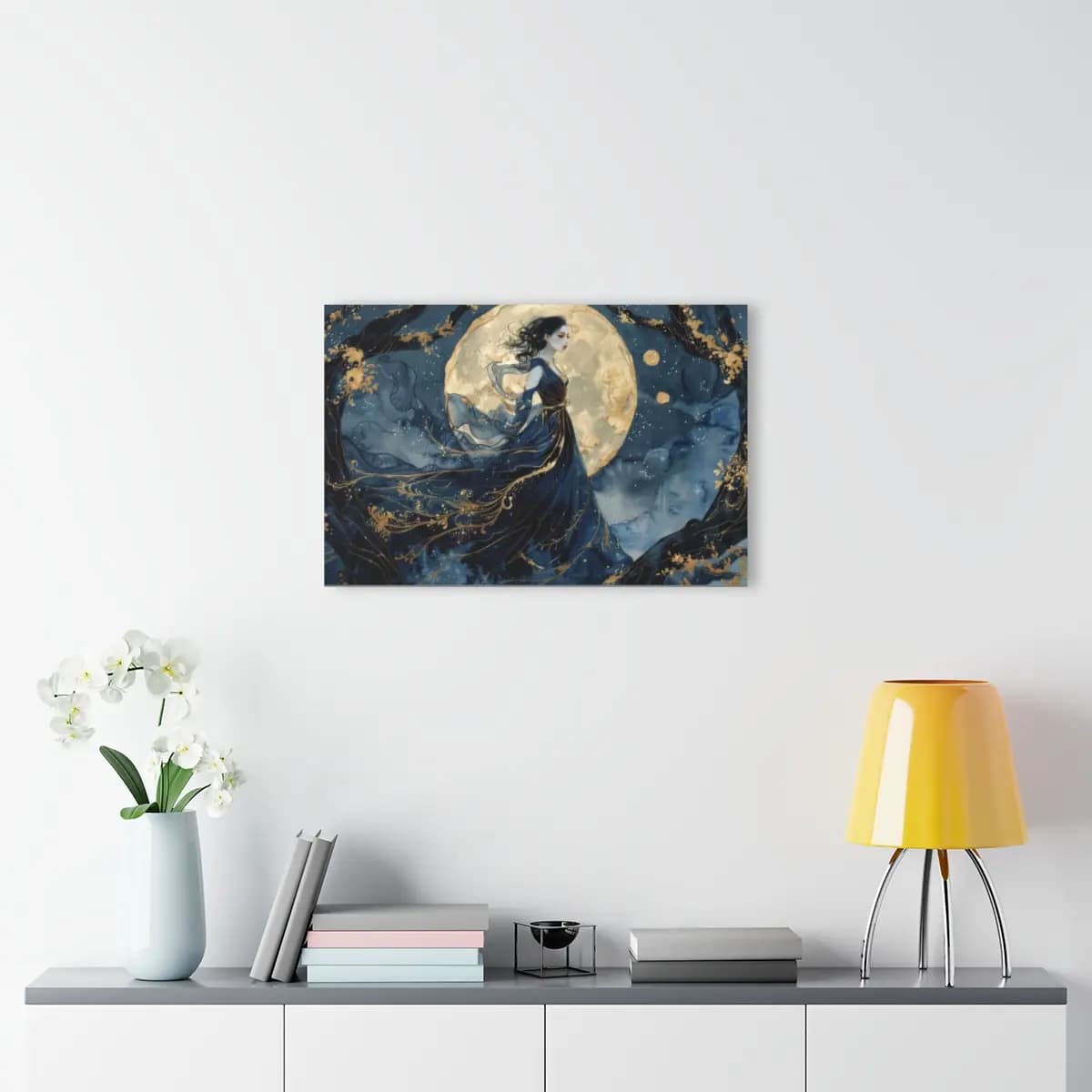 Moon Goddess Draped in Night Veils - Acrylic Prints (French Cleat Hanging) mockup angle 4