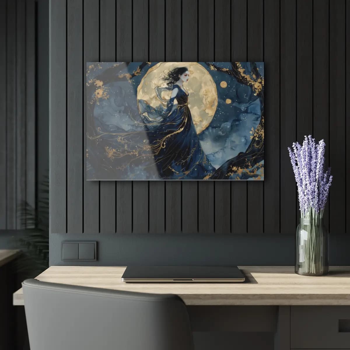 Moon Goddess Draped in Night Veils - Acrylic Prints (French Cleat Hanging) mockup angle 5
