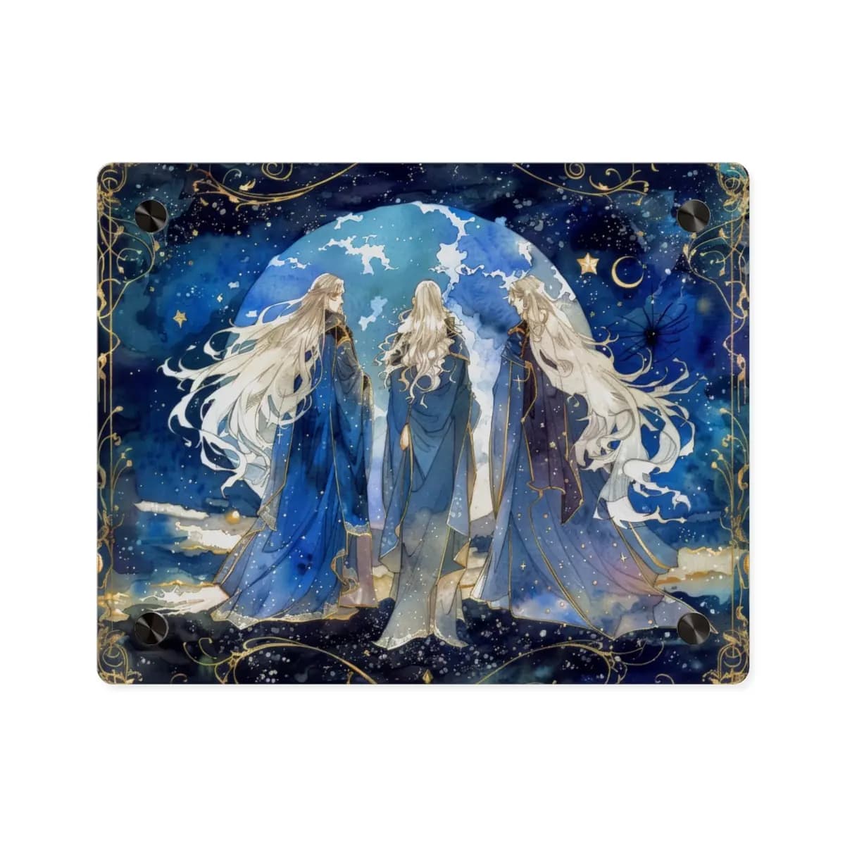 Three Celestial Figures Beneath the Blue Moon - Acrylic Wall Art Panels mockup angle 1