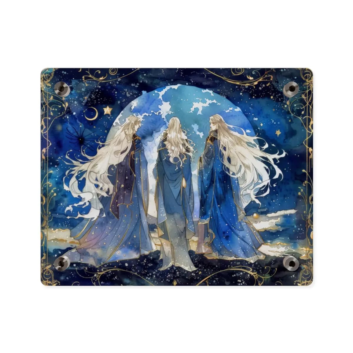 Three Celestial Figures Beneath the Blue Moon - Acrylic Wall Art Panels mockup angle 2