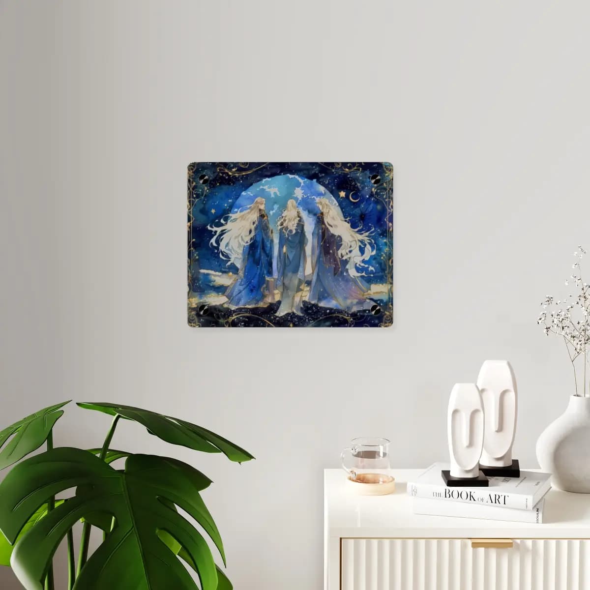 Three Celestial Figures Beneath the Blue Moon - Acrylic Wall Art Panels mockup angle 3