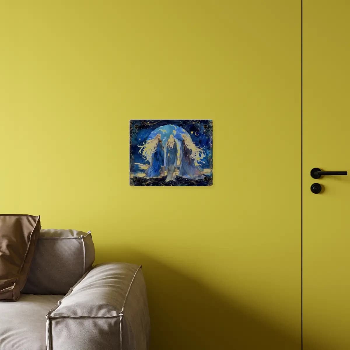Three Celestial Figures Beneath the Blue Moon - Acrylic Wall Art Panels mockup angle 4