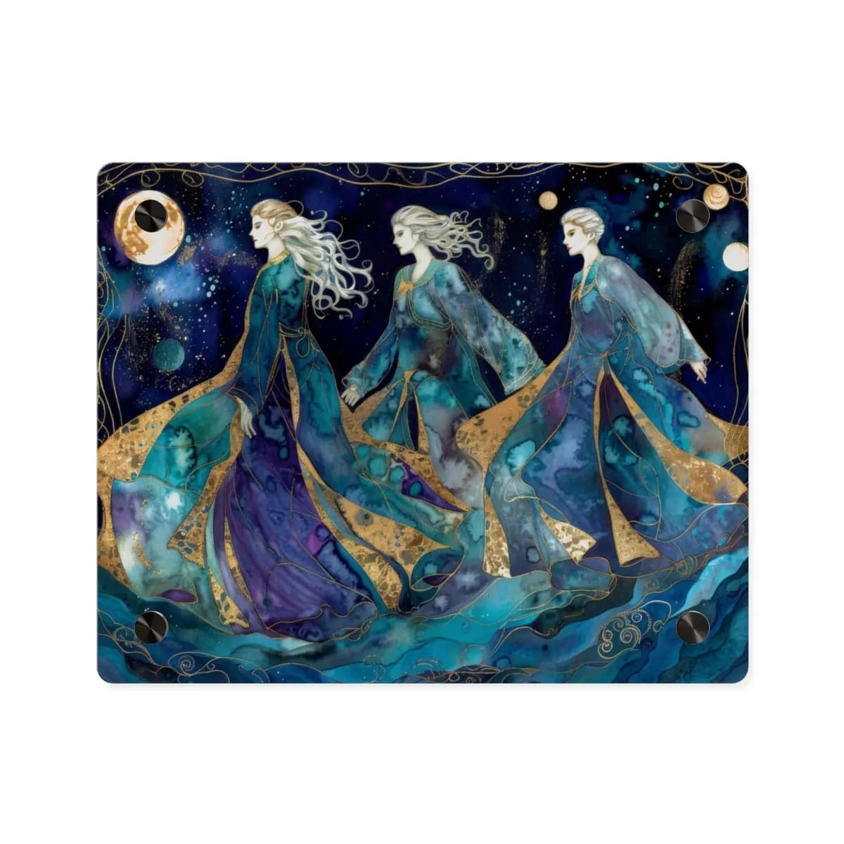 Three Celestial Figures Dancing Beneath the Moon - Acrylic Wall Art Panels mockup angle 1
