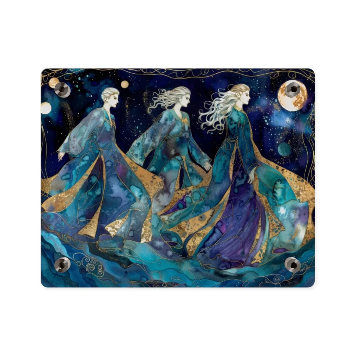 Three Celestial Figures Dancing Beneath the Moon - Acrylic Wall Art Panels mockup angle 2