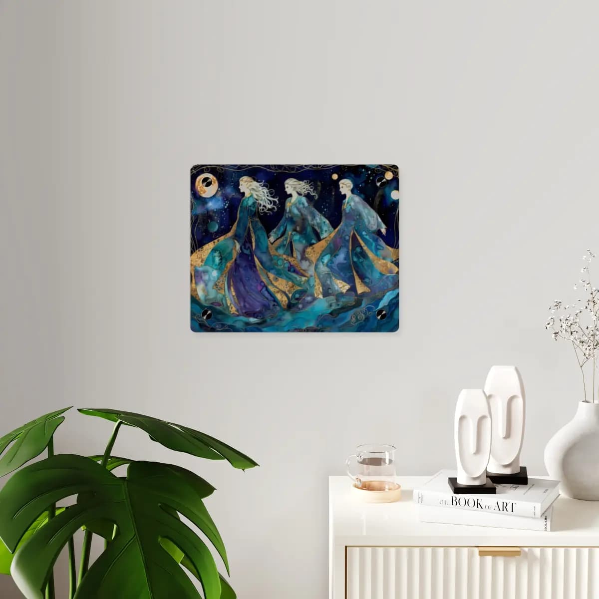 Three Celestial Figures Dancing Beneath the Moon - Acrylic Wall Art Panels mockup angle 3