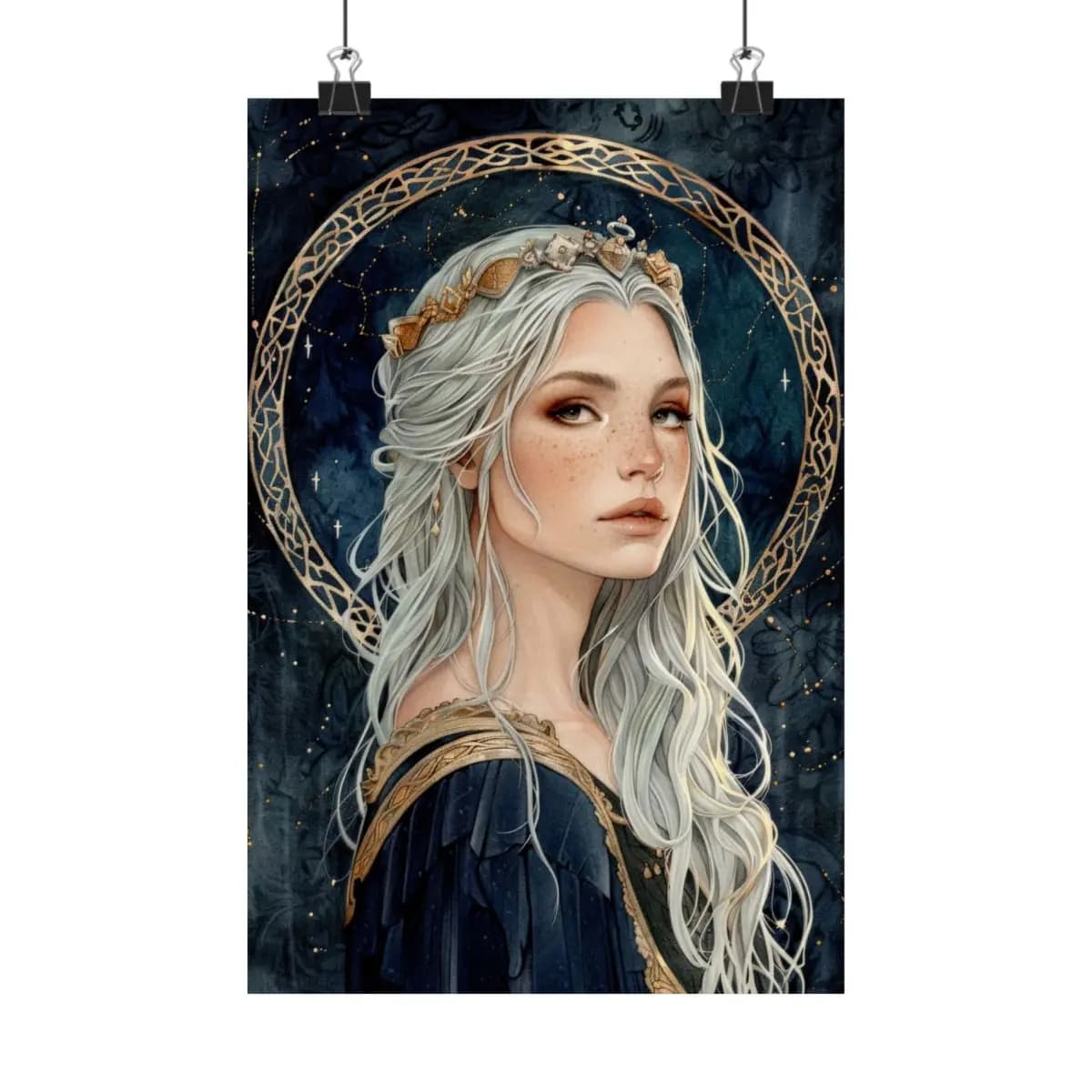 Silver-Haired Star Queen with Golden Halo - Matte Vertical Posters mockup angle 1