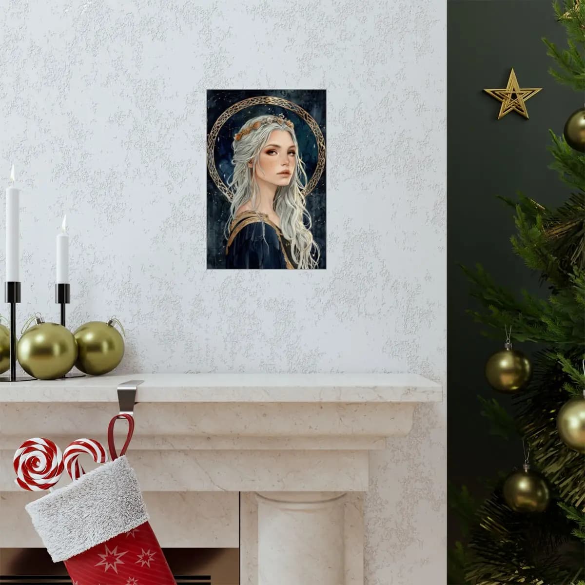 Silver-Haired Star Queen with Golden Halo - Matte Vertical Posters mockup angle 7
