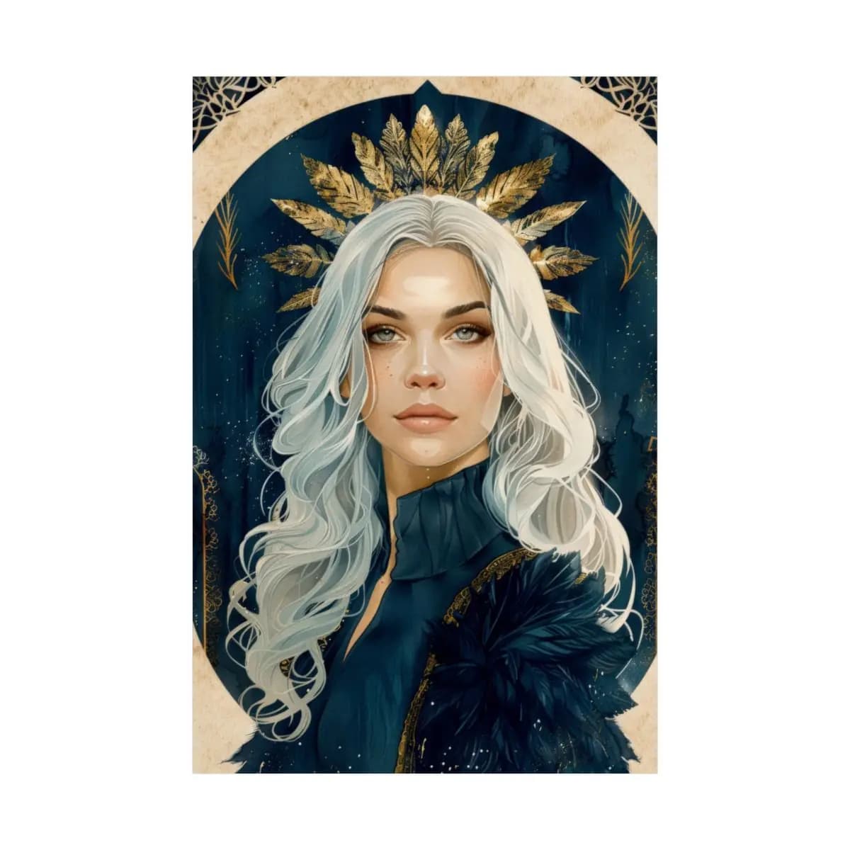 White-Haired Queen with Golden Leaf Crown - Matte Vertical Posters mockup angle 2