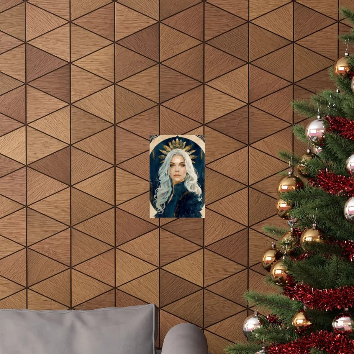 White-Haired Queen with Golden Leaf Crown - Matte Vertical Posters mockup angle 4