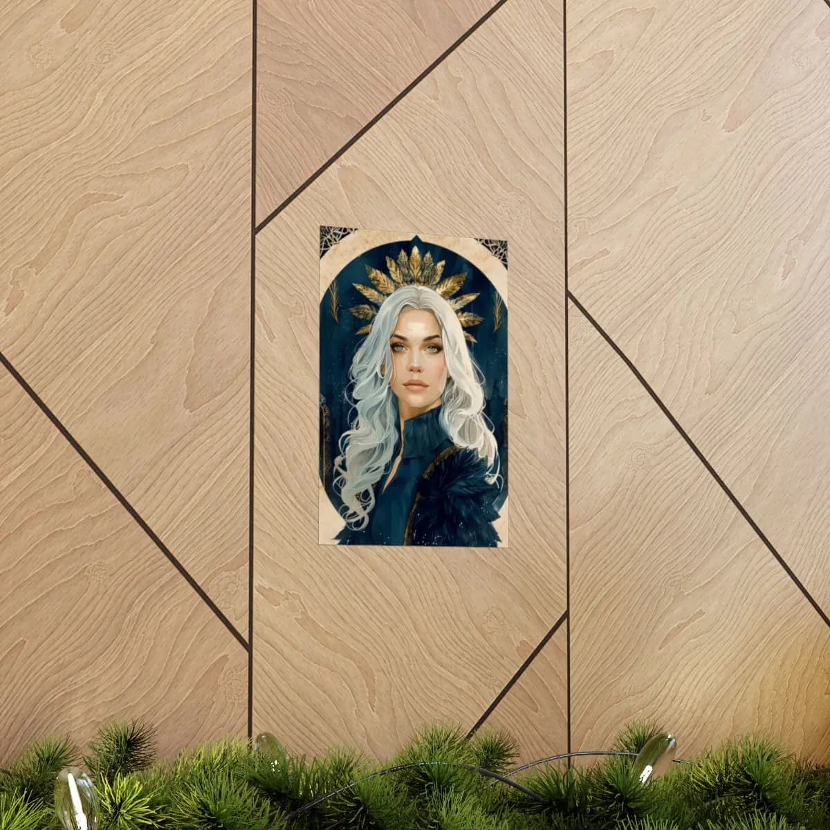 White-Haired Queen with Golden Leaf Crown - Matte Vertical Posters mockup angle 5