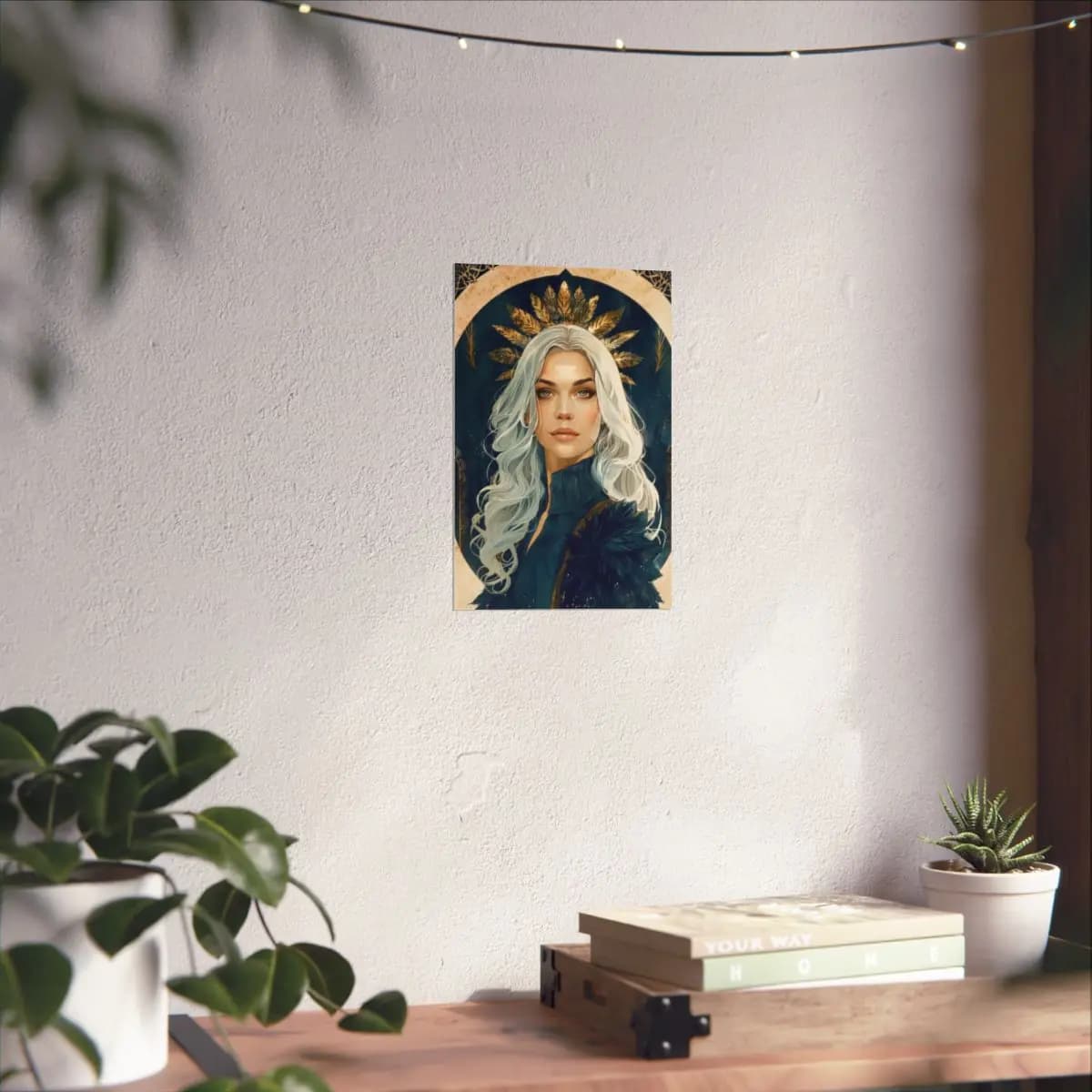 White-Haired Queen with Golden Leaf Crown - Matte Vertical Posters mockup angle 6