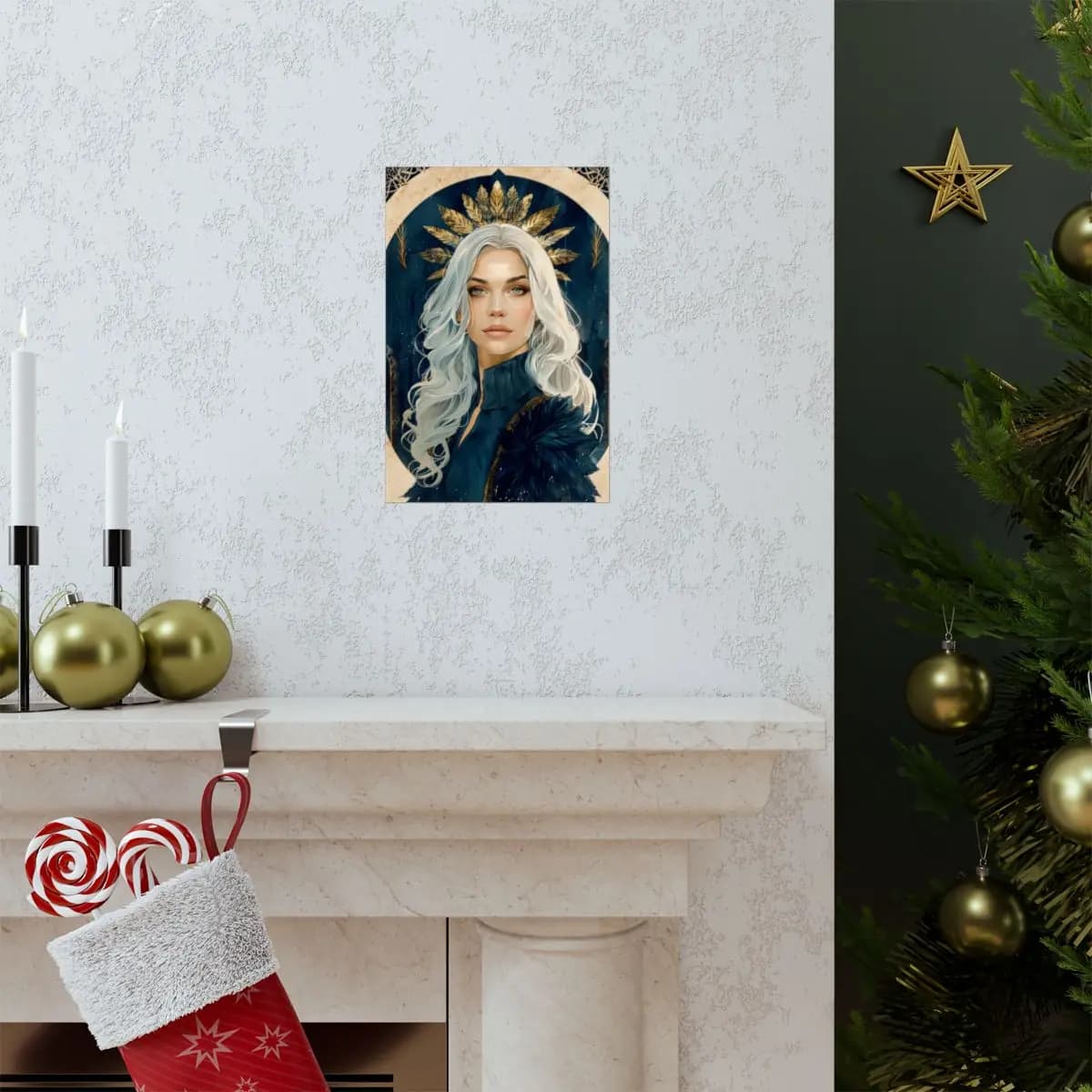 White-Haired Queen with Golden Leaf Crown - Matte Vertical Posters mockup angle 7