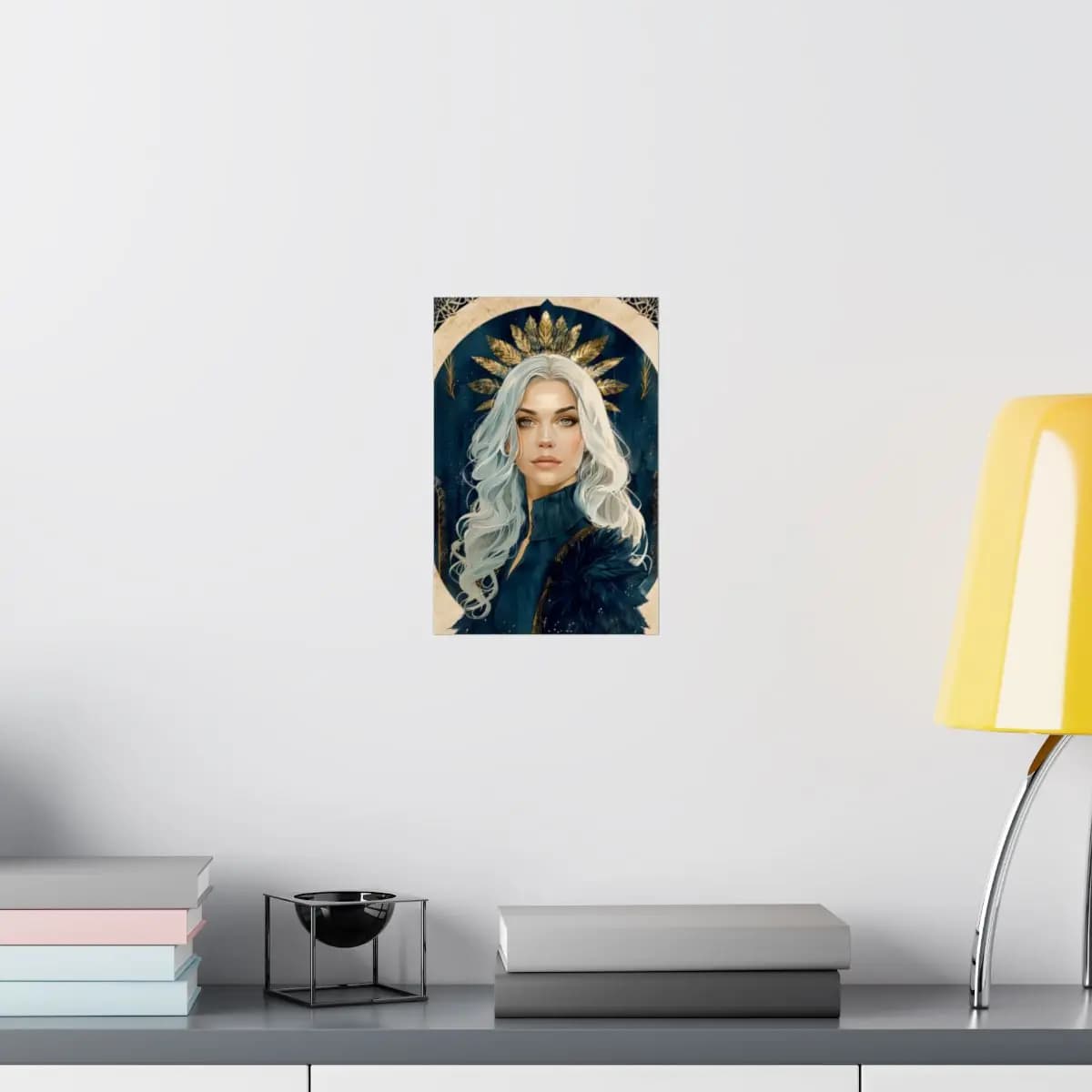 White-Haired Queen with Golden Leaf Crown - Matte Vertical Posters mockup angle 8