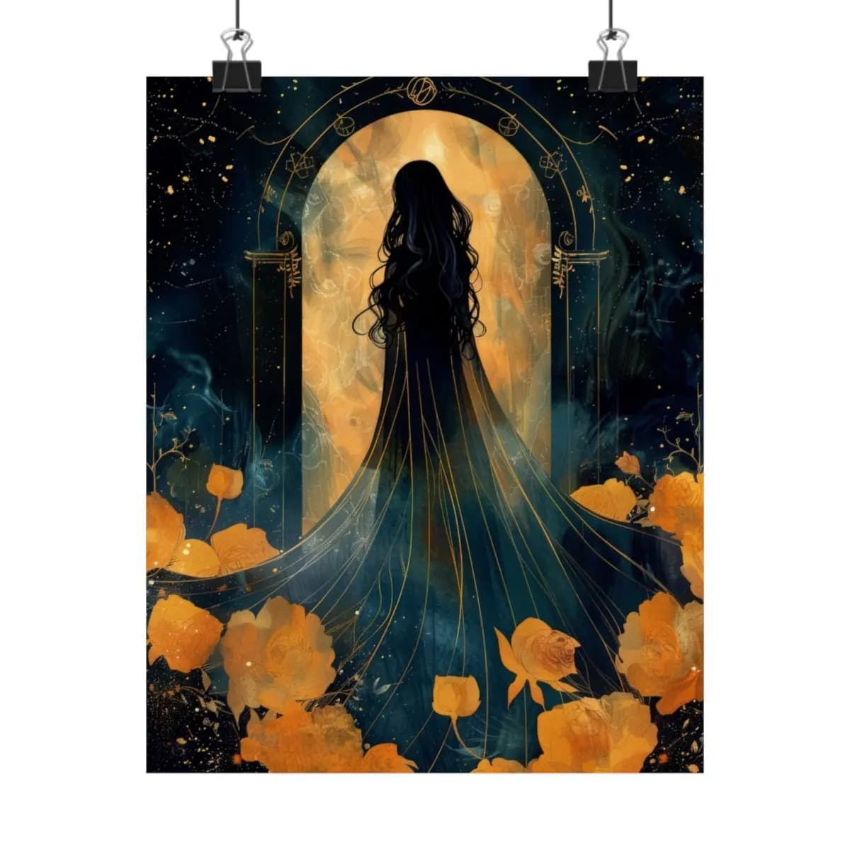 Silhouette at the Threshold of the Golden Arch - Matte Vertical Posters mockup angle 1