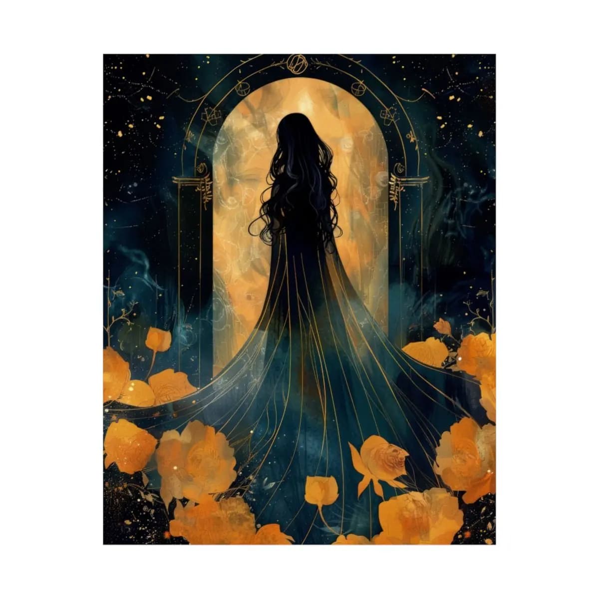 Silhouette at the Threshold of the Golden Arch - Matte Vertical Posters mockup angle 2