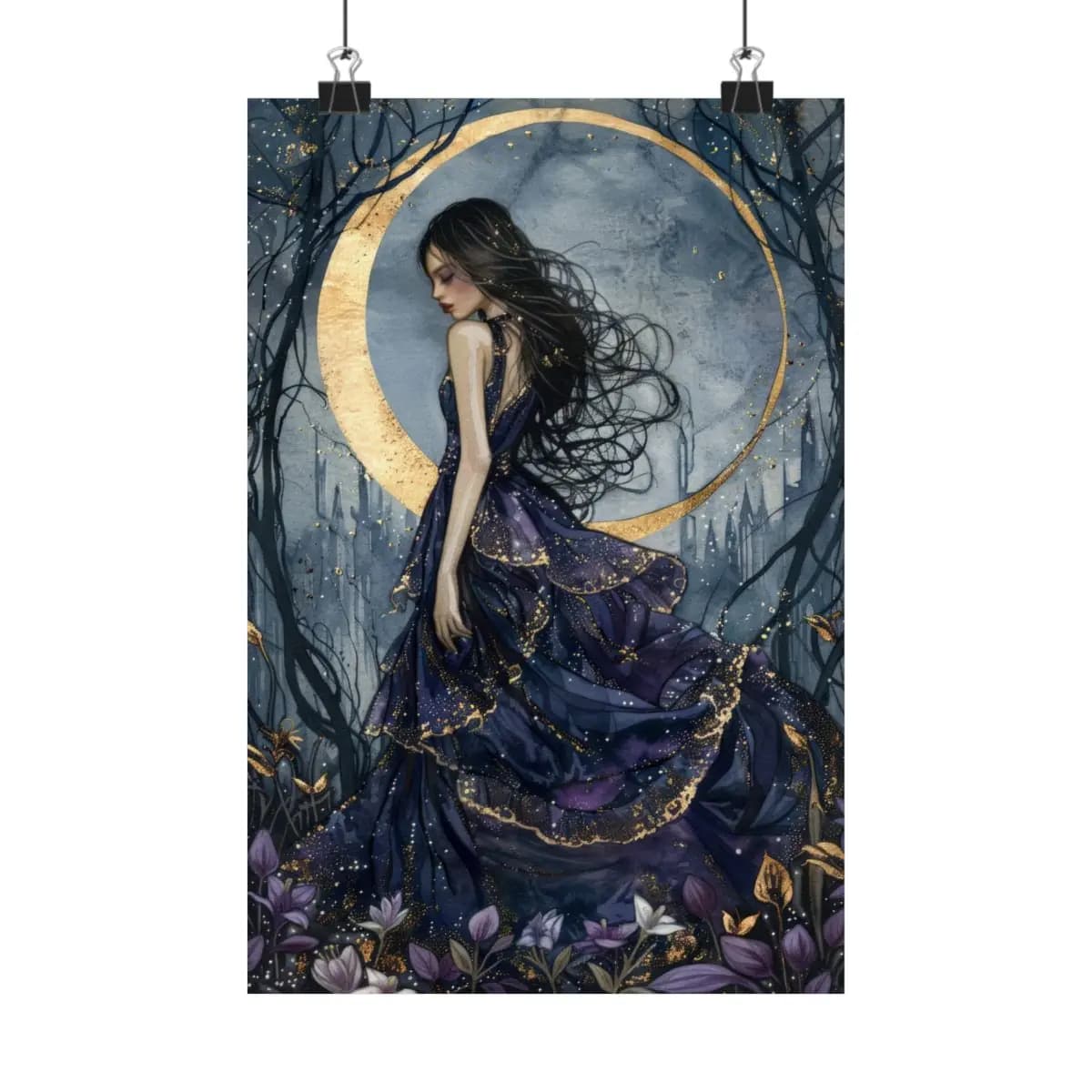 Celestial Dancer Beneath the Golden Crescent - Matte Vertical Posters mockup angle 1