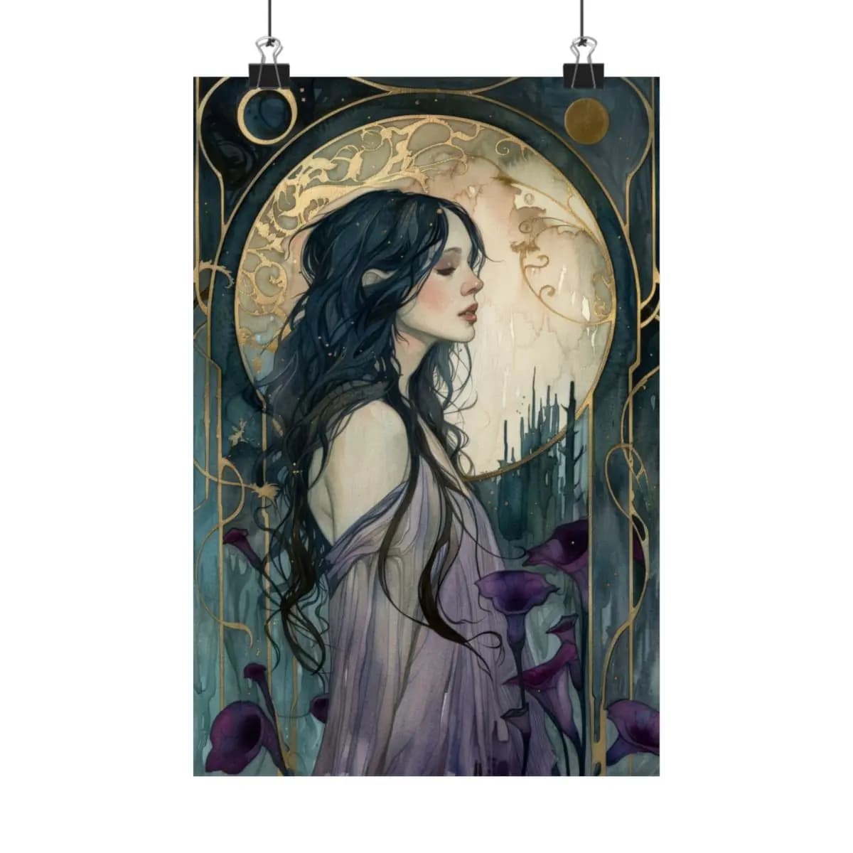 The Dreamer with Violet Lilies and the Moon - Matte Vertical Posters mockup angle 1