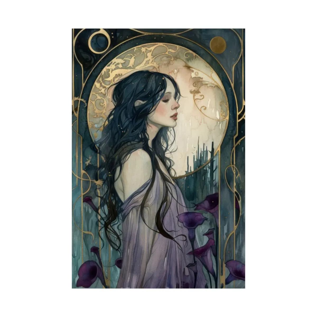 The Dreamer with Violet Lilies and the Moon - Matte Vertical Posters mockup angle 2