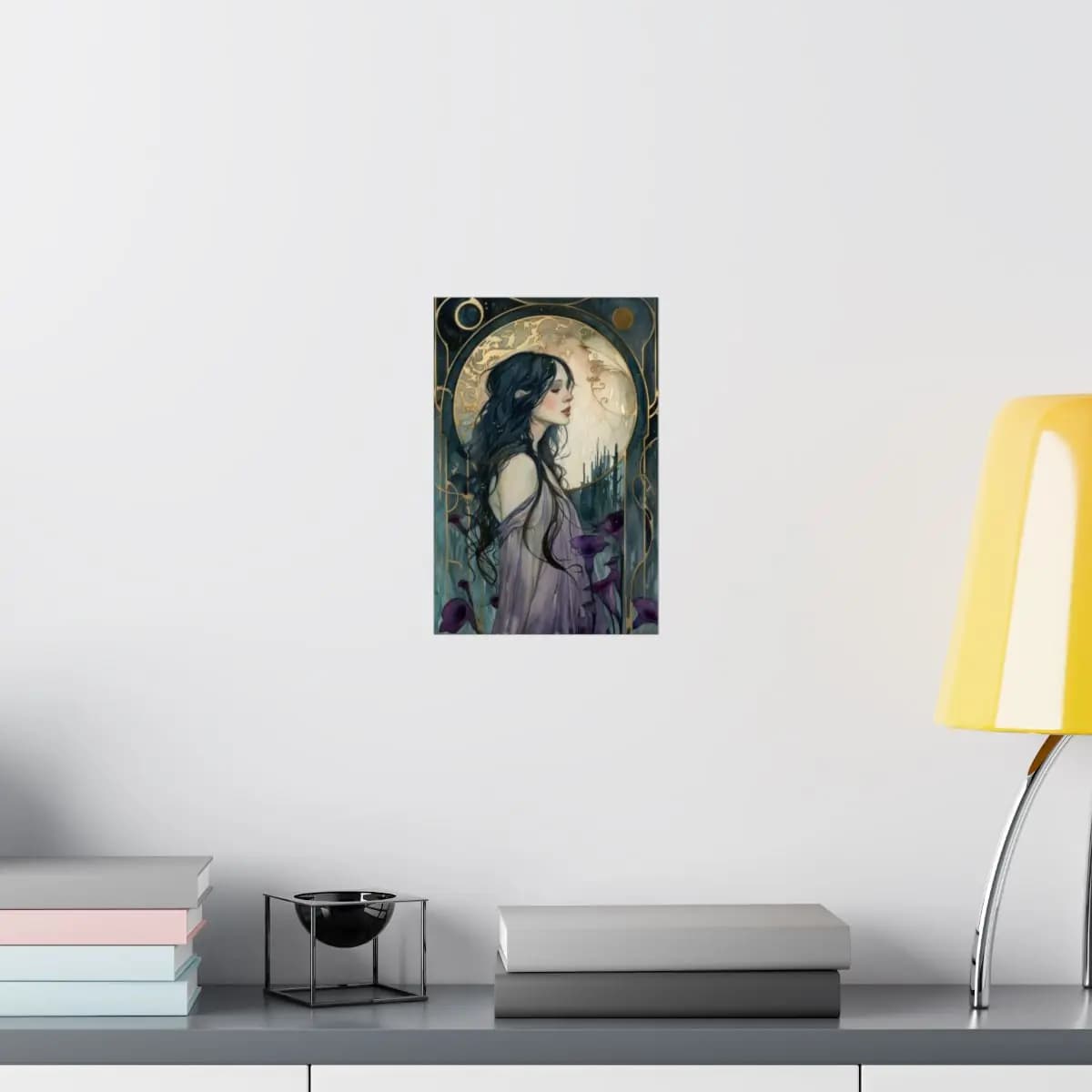 The Dreamer with Violet Lilies and the Moon - Matte Vertical Posters mockup angle 8