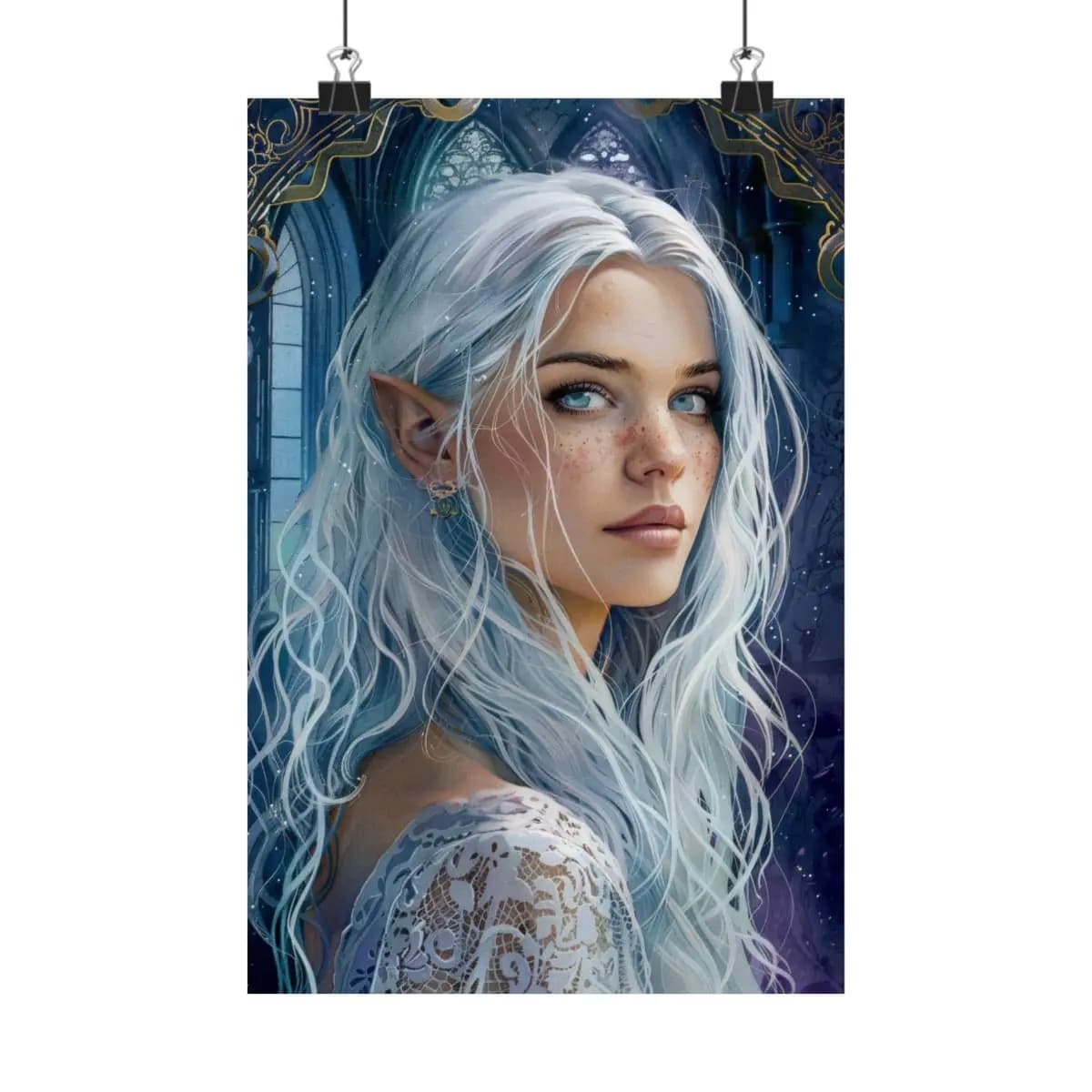 Silver-Haired Elf in a Mystical Gothic Castle - Matte Vertical Posters mockup angle 1