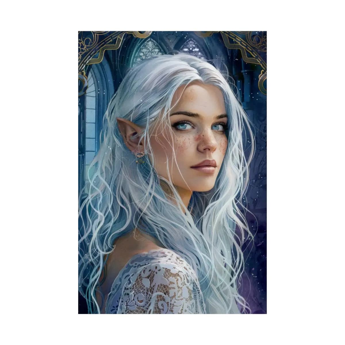 Silver-Haired Elf in a Mystical Gothic Castle - Matte Vertical Posters mockup angle 2