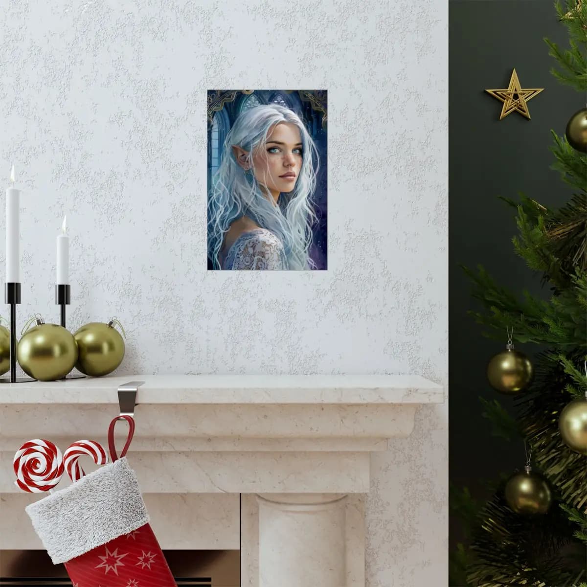 Silver-Haired Elf in a Mystical Gothic Castle - Matte Vertical Posters mockup angle 7