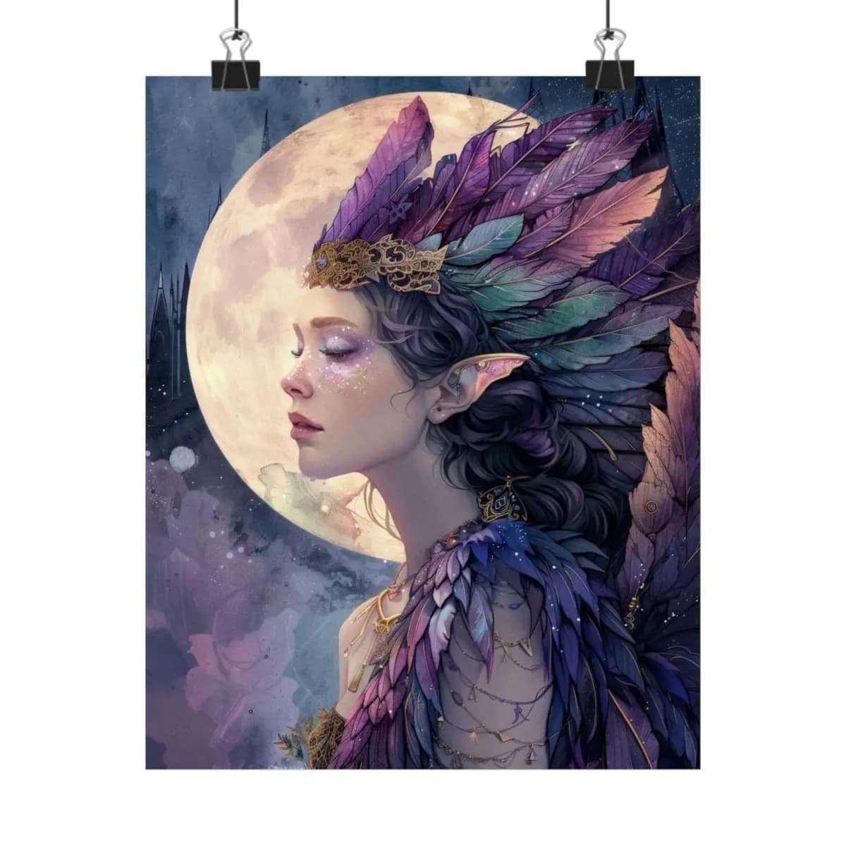 Moon Elf with Violet Feather Crown - Matte Vertical Posters mockup angle 1