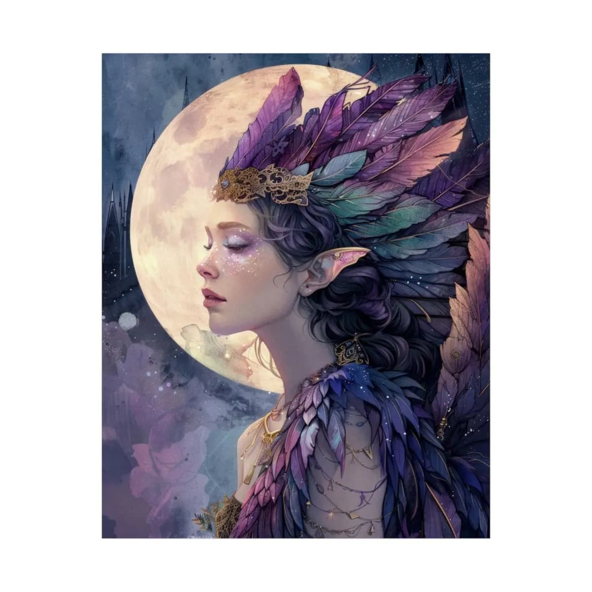 Moon Elf with Violet Feather Crown - Matte Vertical Posters mockup angle 2