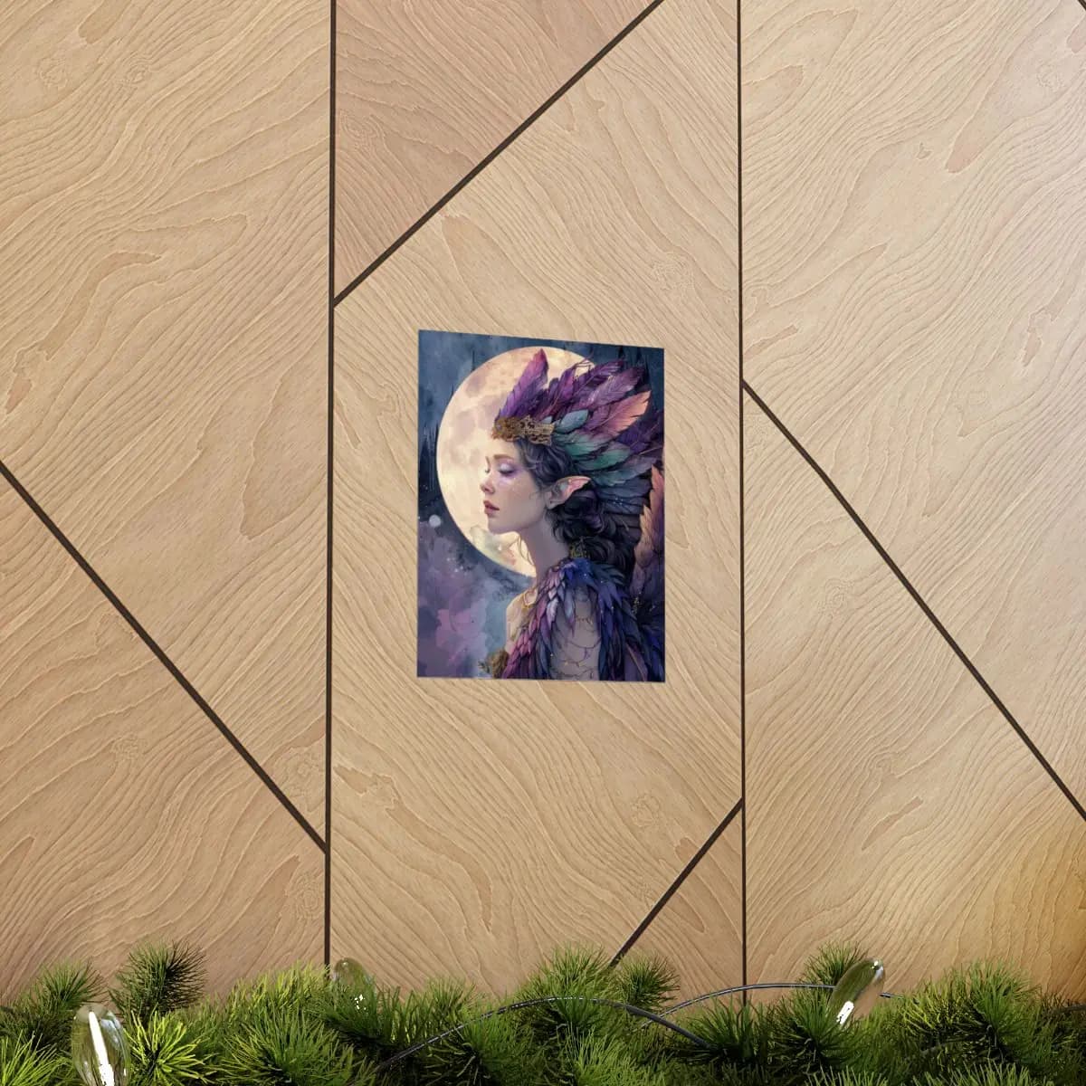 Moon Elf with Violet Feather Crown - Matte Vertical Posters mockup angle 5