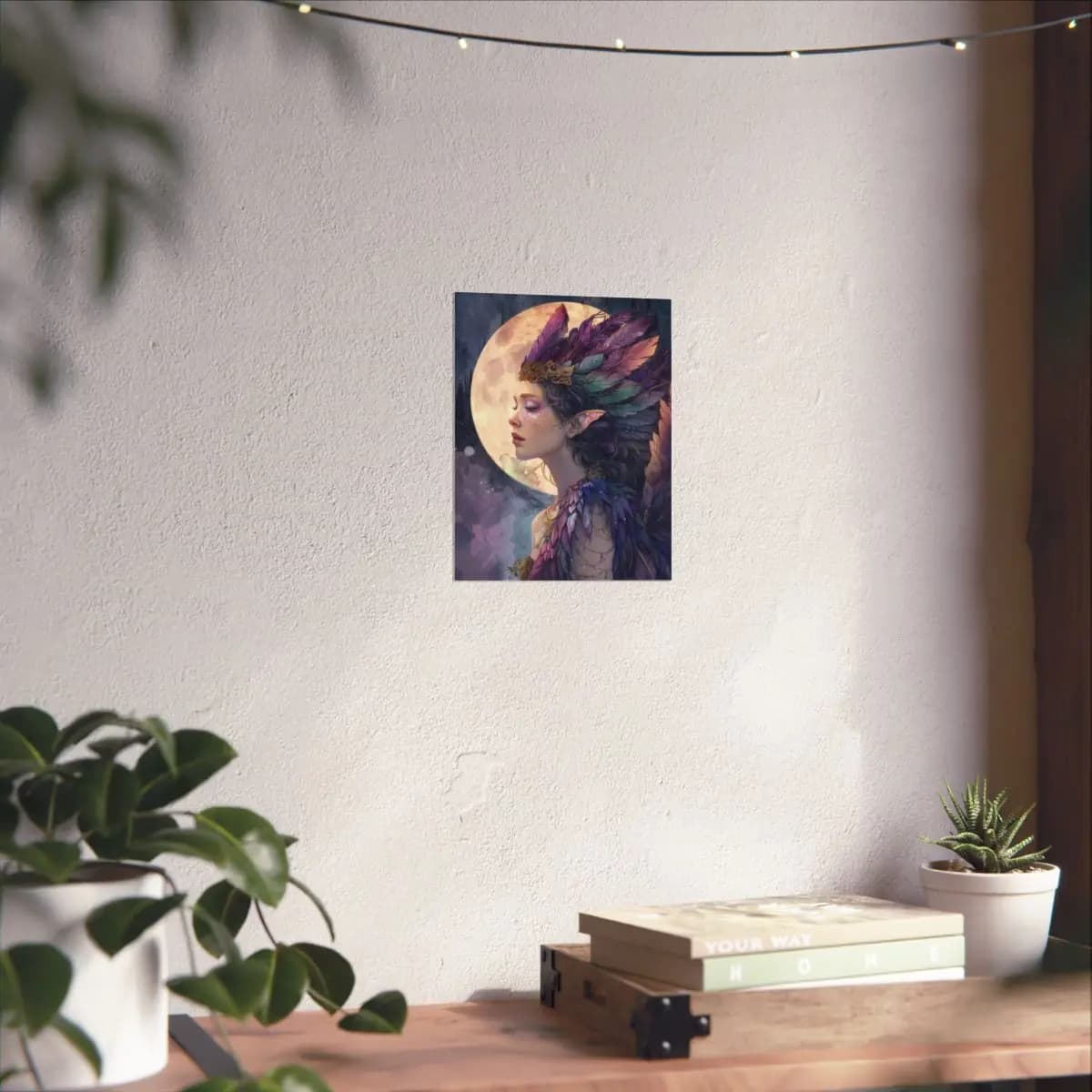 Moon Elf with Violet Feather Crown - Matte Vertical Posters mockup angle 6