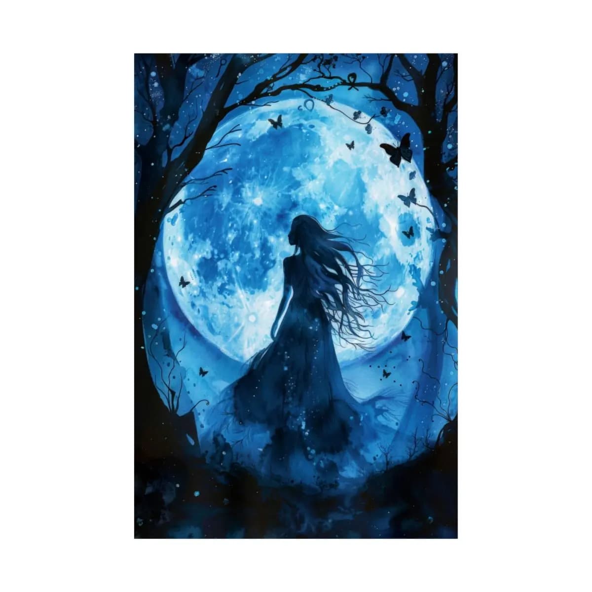 Woman Silhouette Beneath the Blue Moon - Matte Vertical Posters mockup angle 2