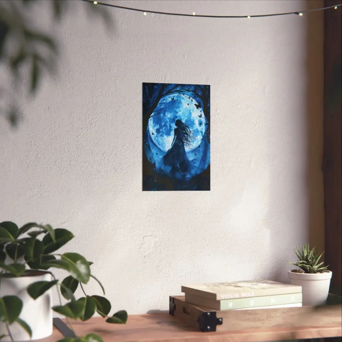 Woman Silhouette Beneath the Blue Moon - Matte Vertical Posters mockup angle 6