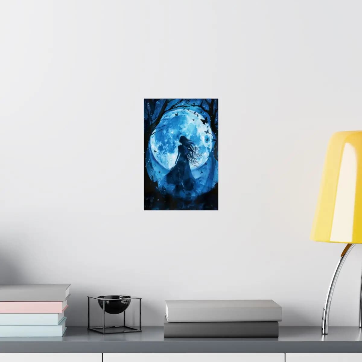 Woman Silhouette Beneath the Blue Moon - Matte Vertical Posters mockup angle 8