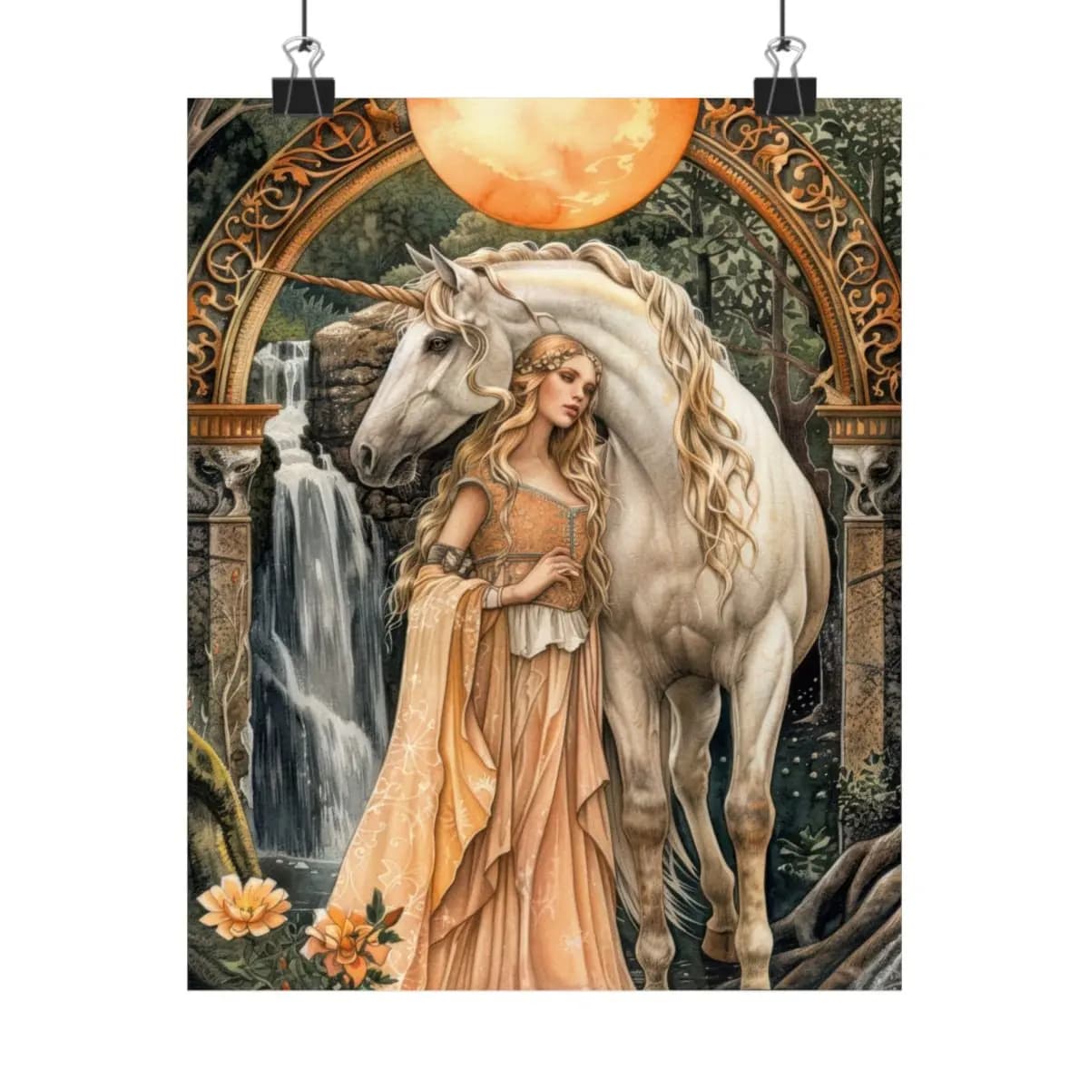 The Unicorn Guardian Beneath the Golden Sun - Matte Vertical Posters mockup angle 1