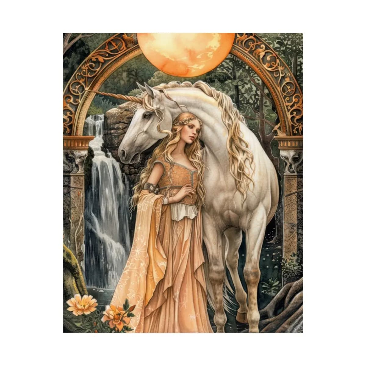 The Unicorn Guardian Beneath the Golden Sun - Matte Vertical Posters mockup angle 2