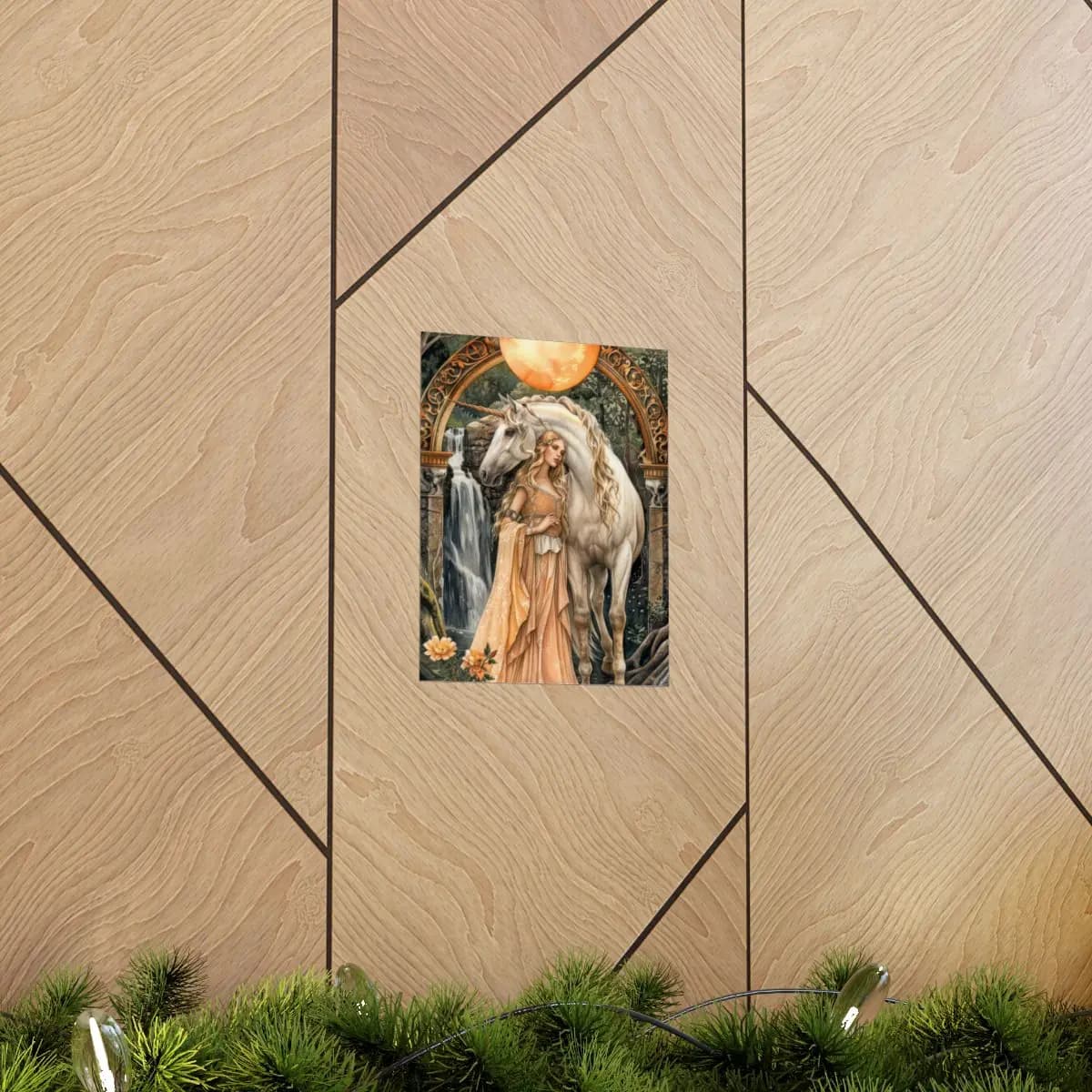 The Unicorn Guardian Beneath the Golden Sun - Matte Vertical Posters mockup angle 5