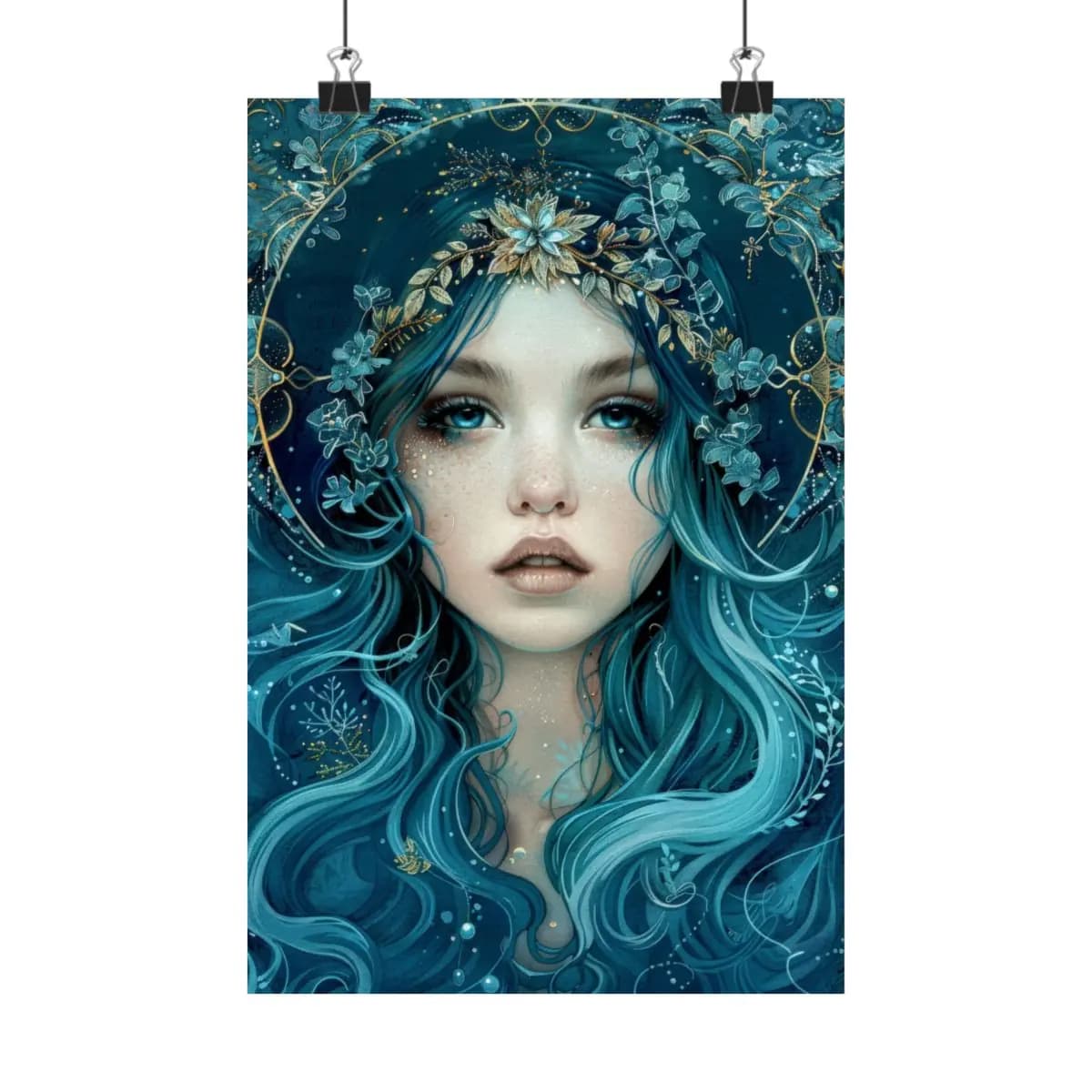 Blue-Haired Goddess with Golden Floral Crown - Matte Vertical Posters mockup angle 1