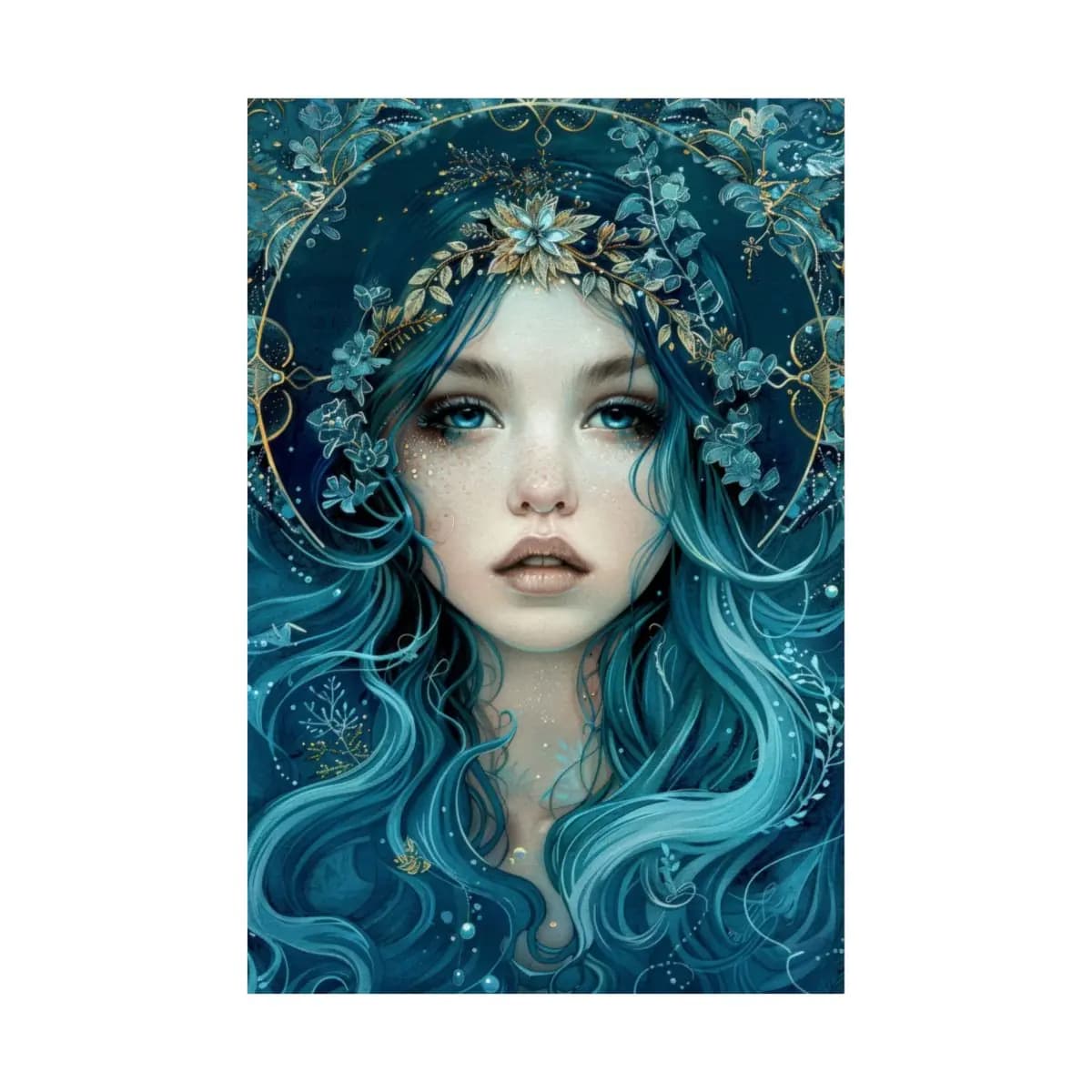 Blue-Haired Goddess with Golden Floral Crown - Matte Vertical Posters mockup angle 2