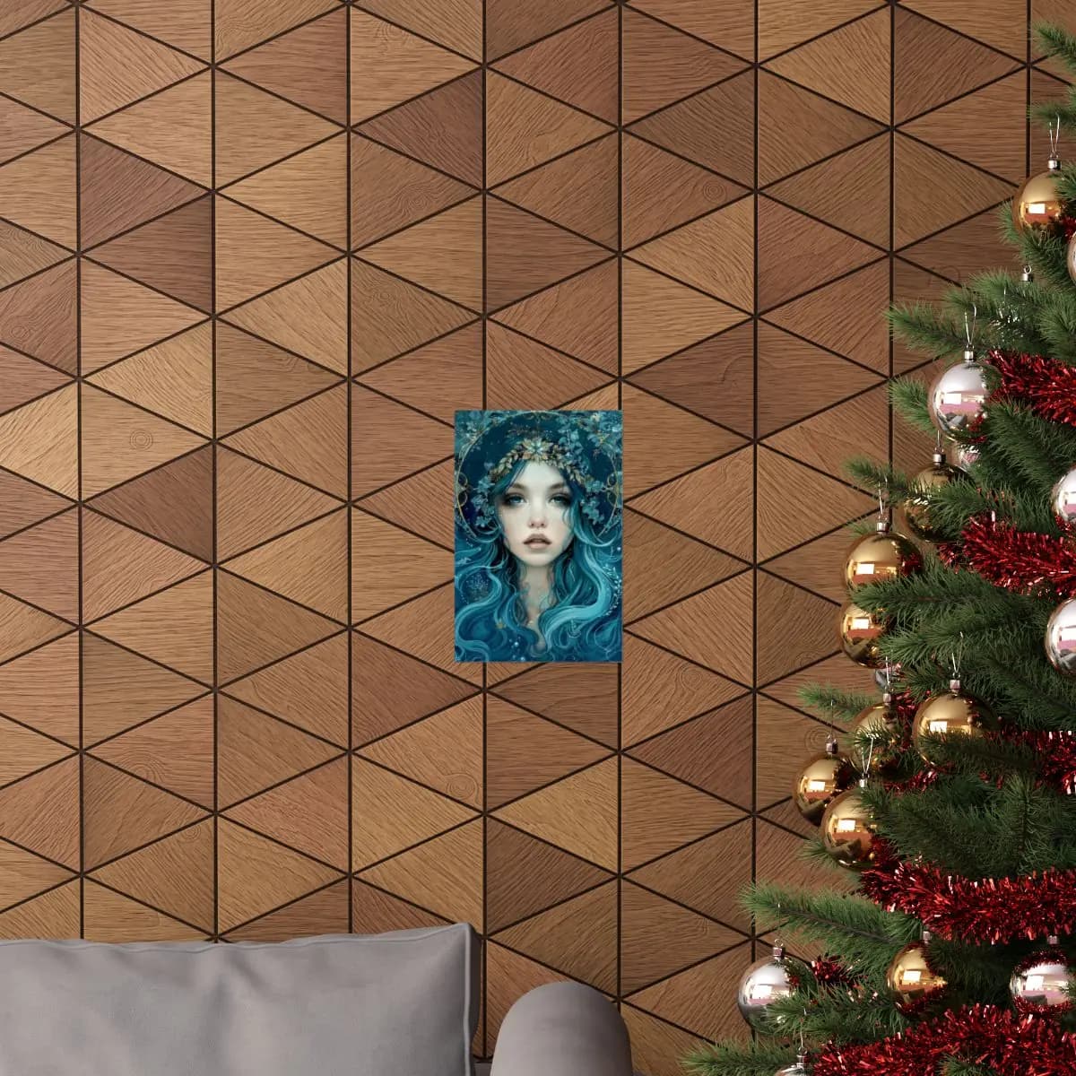 Blue-Haired Goddess with Golden Floral Crown - Matte Vertical Posters mockup angle 4