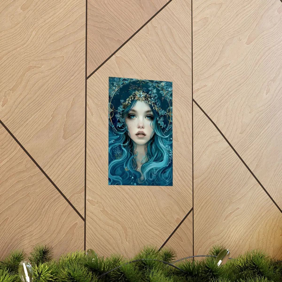Blue-Haired Goddess with Golden Floral Crown - Matte Vertical Posters mockup angle 5