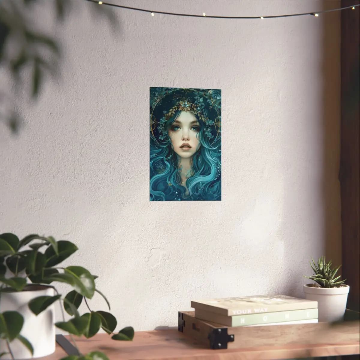 Blue-Haired Goddess with Golden Floral Crown - Matte Vertical Posters mockup angle 6