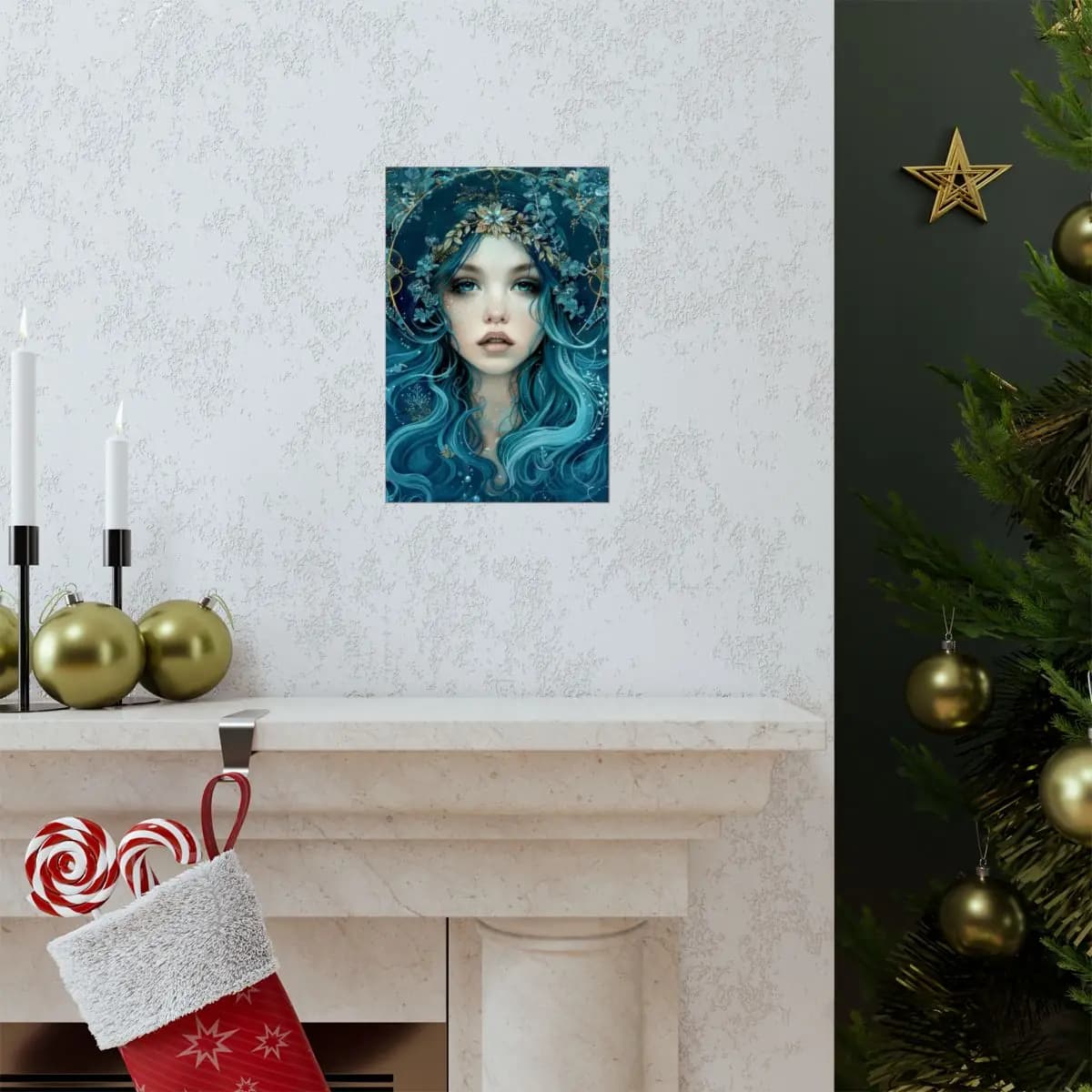 Blue-Haired Goddess with Golden Floral Crown - Matte Vertical Posters mockup angle 7