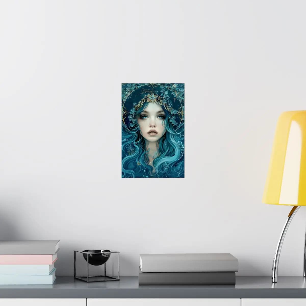Blue-Haired Goddess with Golden Floral Crown - Matte Vertical Posters mockup angle 8