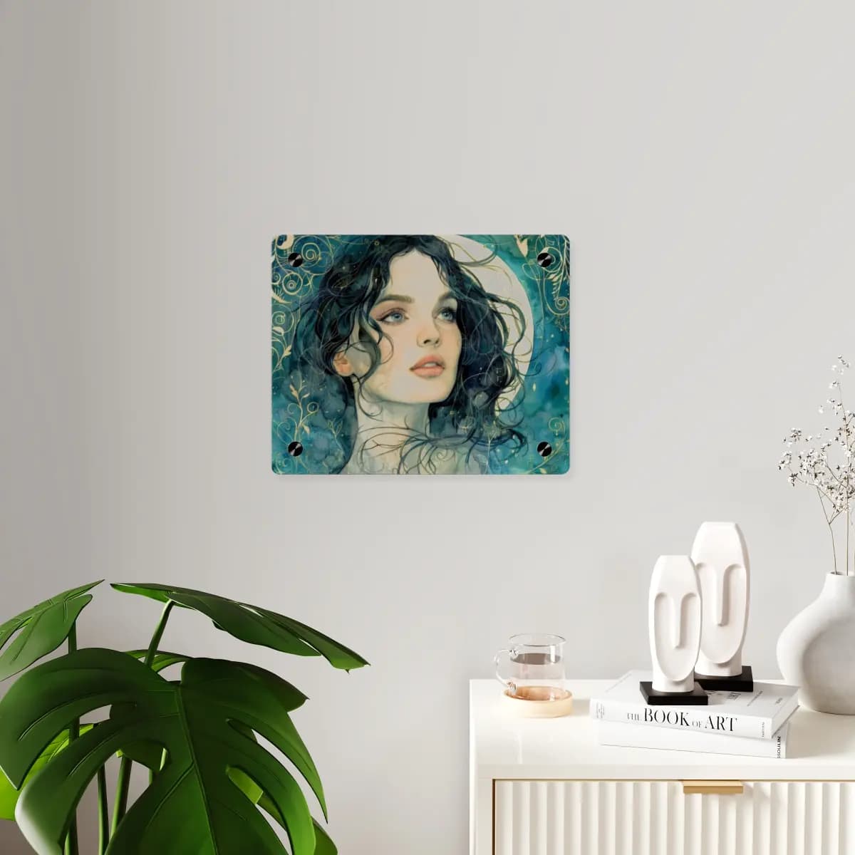 Celestial Gaze Among Golden Arabesques - Acrylic Wall Art Panels mockup angle 3