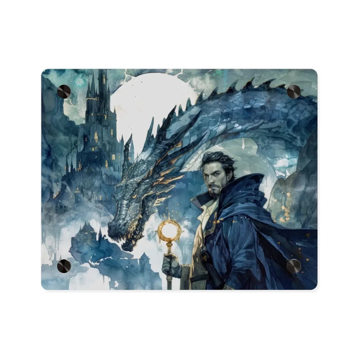 The Mage and the Dragon Beneath the Moon - Acrylic Wall Art Panels mockup angle 1