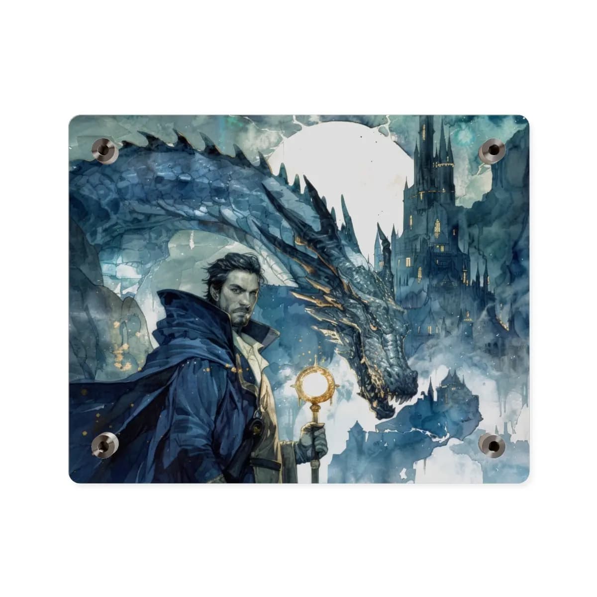 The Mage and the Dragon Beneath the Moon - Acrylic Wall Art Panels mockup angle 2