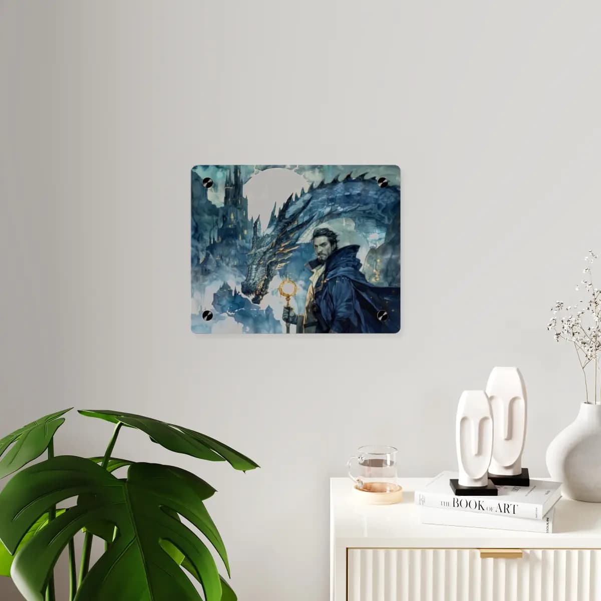 The Mage and the Dragon Beneath the Moon - Acrylic Wall Art Panels mockup angle 3
